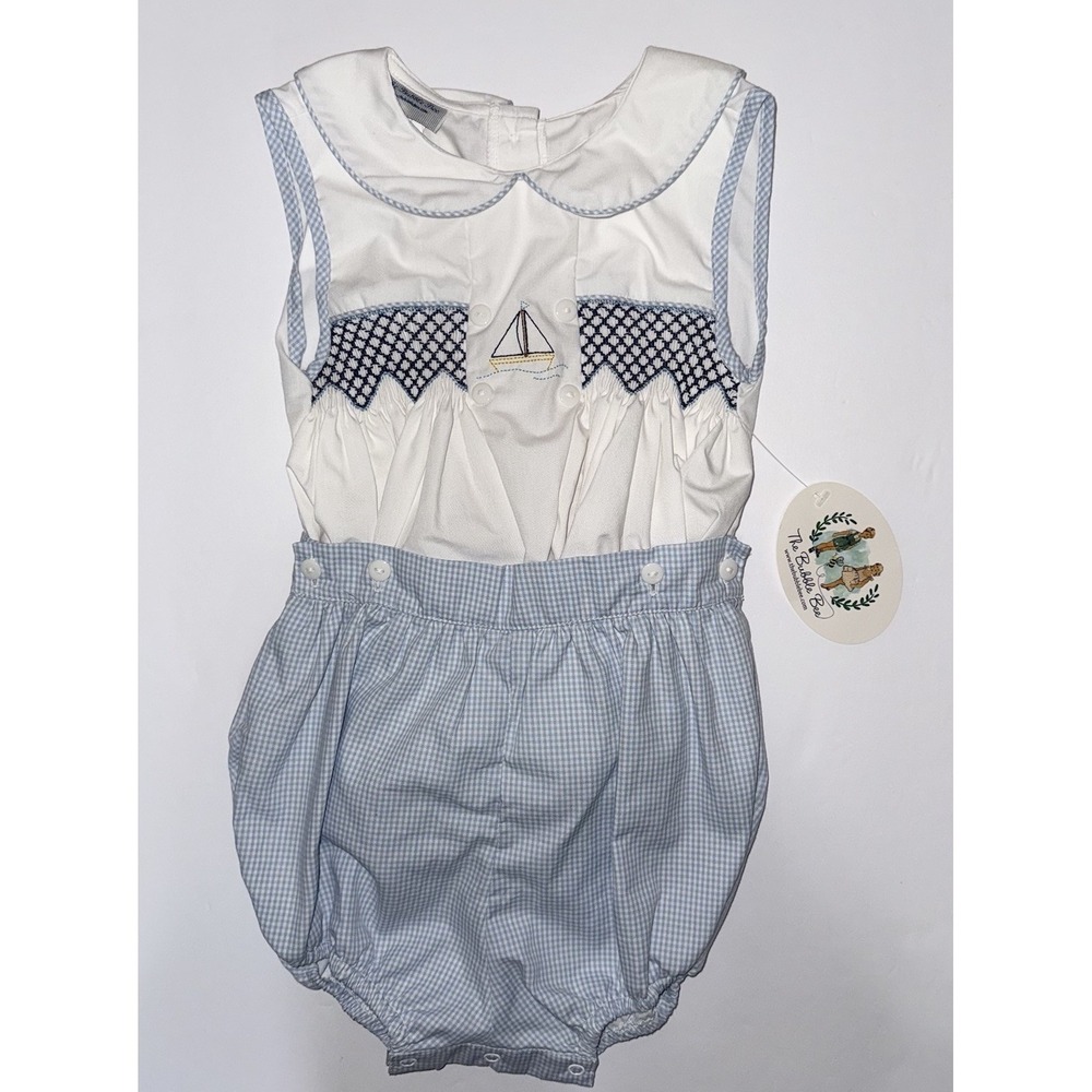 NWT The Bubble Bee Boys 3T Smocked Sailboat Bubble Romper Blue Gingham